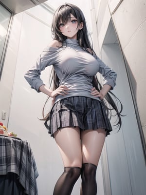 a young Asian woman stands against a stark white wall, her left hand resting on her hip. She is wearing a black and white striped long-sleeved t-shirt, a black plaid skirt, and black knee-high socks with black laces. Her hair is long and cascades over her shoulders, framing her face. She's wearing miniskirt, adding a pop of color to her outfit. To the left of her, a blue and white plaid tablecloth is draped over it.