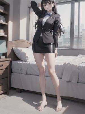 1girl, solo, long hair, skirt, black hair, standing, jacket, full body, barefoot, indoors, bare legs, bed, formal, suit, pencil skirt, arm behind back, arm behind head, realistic