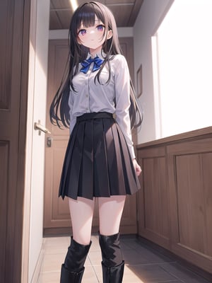 A young girl stands proudly, her long, dark hair falling down her back with blunt bangs framing her face. She wears a pleated skirt that falls just above her knees, paired with black thigh-high boots and knee-high socks. Her shirt is tucked in, showcasing her slender figure. The indoor setting is dimly lit, with the focus on the girl's confident stance as she stands tall, feet slightly out of frame.