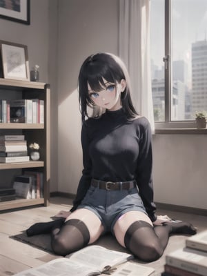 1girl, solo, long hair, looking at viewer, bangs, blue eyes, shirt, black hair, thighhighs, long sleeves, sitting, full body, shorts, striped, belt, black thighhighs, indoors, sweater, lips, book, wariza, blue shirt, realistic, book stack