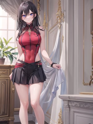 A sultry young woman stands confidently, her long, dark locks cascading down her back with a subtle flair of bangs framing her face. Her sleeveless outfit showcases her toned physique, paired with a pleated black skirt that drapes elegantly around her legs. Her bust is accentuated by the garment's design, exuding a sense of seductiveness as she poses effortlessly, her gaze directed straight ahead.
