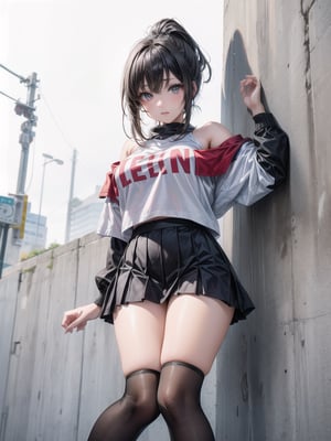 a young Asian woman stands against a stark white wall, her hair cascades over her shoulders. She is wearing a black and white striped long-sleeved t-shirt, a short black skirt, and black knee-high socks with black laces on them. Her eyes are slightly open, her lips are slightly pursed. Her hair is pulled back in a ponytail, adding a pop of color to the scene.