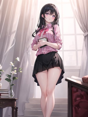 A young woman stands confidently indoors, her long black hair cascading down with bangs framing her heart-shaped face. She wears a striped shirt and black skirt that lifts at the hem, showcasing pink panties beneath. Her parted lips are subtly pursed as she holds a book in one hand. The soft lighting accentuates the gentle curves of her figure, while the simplicity of the surroundings allows her beauty to take center stage.