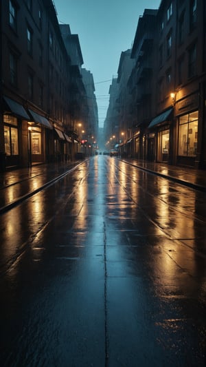 HDR A dramatic, cinematic view of a rainy street, enhanced by movie-style lighting and color grading, with deep shadows and highlighted textures.