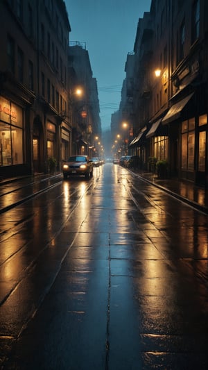 HDR A dramatic, cinematic view of a rainy street, enhanced by movie-style lighting and color grading, with deep shadows and highlighted textures.