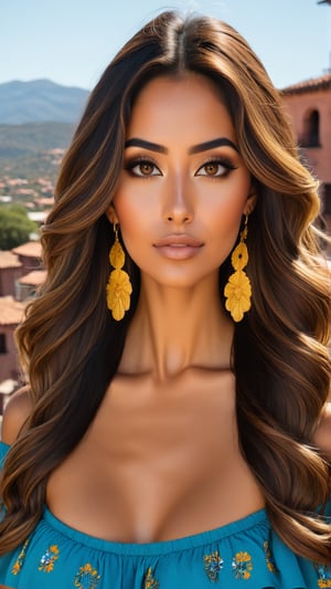 Mexican femenine model, sun makeup, with brown eyes, chocolate balayage and long hair,  long and oval face, brown Yellow skin, indigenous roots, moka long hair, in San Miguel de Allende,  blue marine off shoulder top, 