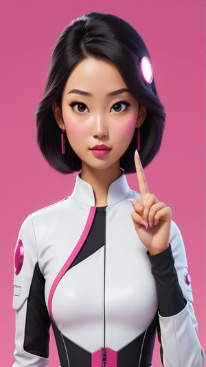 Generate an Asian AI avatar with her hold up her left hand with her index finger pointing to a white circle just above her pointed index finger. The clothes she wear should be futuristic with fuschia pink, white and black colors. Make sure the face is same in all pictures 