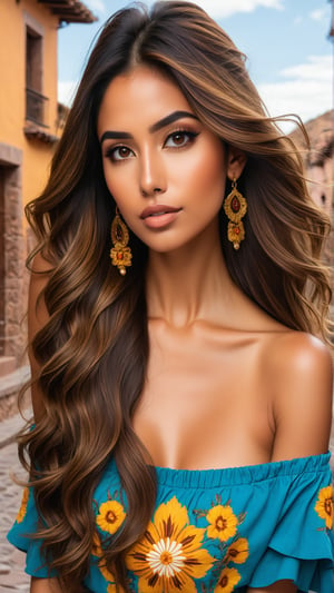 Mexican femenine model, sun makeup, with brown eyes, chocolate balayage and long hair,  long and oval face, brown Yellow skin, indigenous roots, moka long hair, in San Miguel de Allende,  blue marine off shoulder top, 