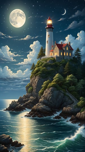 A captivating night scene illustration featuring an ancient lighthouse standing tall on a rocky island. The lighthouse, adorned with multiple windows, emits a warm glow, highlighting its intricate architecture and rich history. The rocky island is covered in lush green trees, reflecting on the calm, moonlit sea waters that mirror the silvery moonlight. The full moon graces the sky, casting an ethereal glow on the clouds and sea, while wispy clouds partially obscure its brilliance, adding to the scene's mystique. Twinkling stars dot the sky, creating a celestial tapestry that harmonizes with the moon's radiance. This enchanting artwork captures a serene and peaceful night, where the illuminated lighthouse stands resolute amidst the celestial beauty, creating a cinematic experience., illustration, cinematic