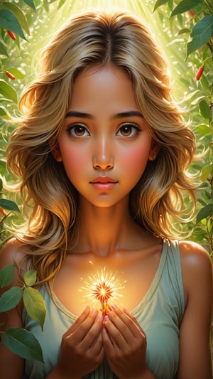 A shimmering capsule of Ashwagandha rests in the delicate palm of a young girl, the light catching every intricate detail of the medicinal herb. With a serene expression, she gazes at the capsule, symbolizing hope and healing. This mesmerizing image, perhaps a stunning painting, captures the essence of natural medicine and the beauty of holistic healing. The vibrant colors and exquisite craftsmanship make this image a true masterpiece, evoking a sense of tranquility and wellness.