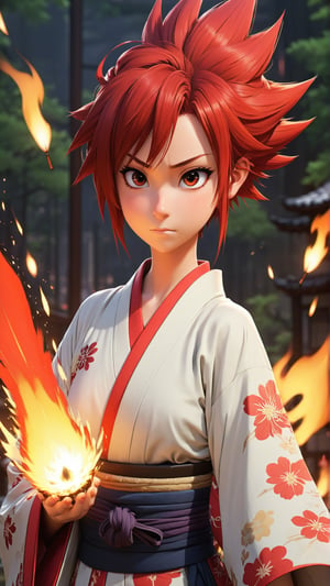 Red spiky hair, gentle face, kimono, female, Anime Protagonist, anime, shogun, hopeful, naive, fire, pure of heart, Tomboy, serious, battle pose, slender, attractive, goofy.