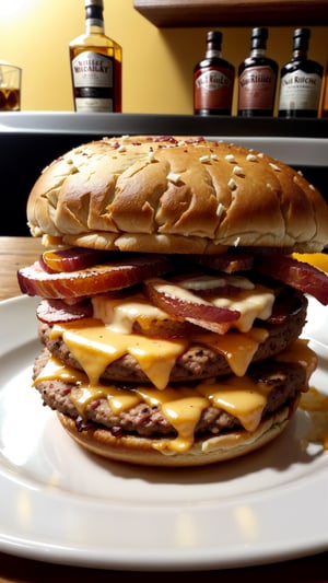 a delicious triple meat burger with bacon and yellow cheese, accompanied with a glass of whiskey on the rocks