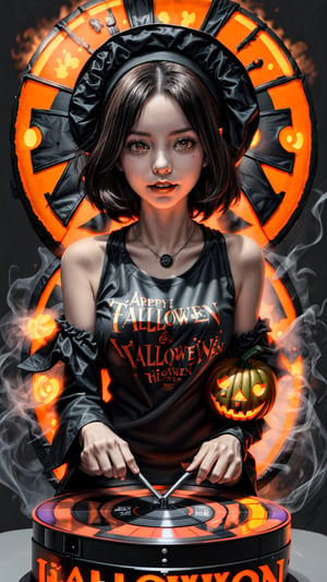 A two-tone retro t-shirt, featuring a jack-o-lantern playing a record turntable, and a host of ghastly ghosts, witches, and monsters, with a title Halloween Party on black background.