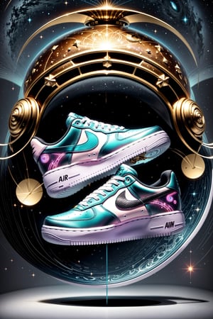 Create a striking custom shoe design concept inspired by the theme of 'Interstellar Odyssey.' Incorporate cosmic elements, celestial motifs, and futuristic aesthetics into the shoe's design, Air Force 1