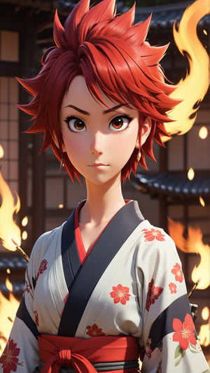 Red spiky hair, gentle face, kimono, female, Anime Protagonist, anime, shogun, hopeful, naive, fire, pure of heart, Tomboy, serious, battle pose, slender, attractive, goofy.