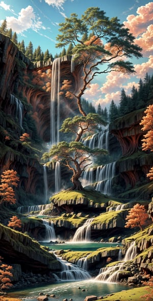 A majestic tree stands tall, its roots plunging deep into the earth, its leaves dancing to the rhythm of the wind, signifying air. Beside it, a roaring waterfall cascades down, representing water. Around the tree, stones glow with a vibrant, fiery light, symbolizing fire.