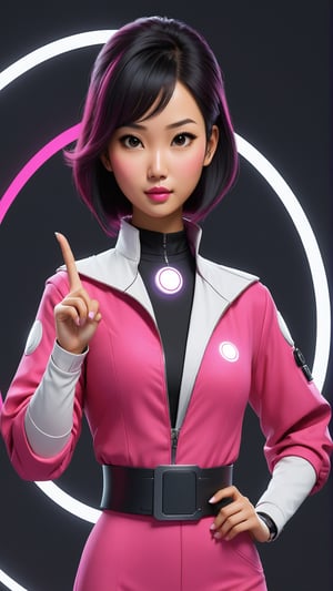 Generate an Asian AI avatar with her hold up her left hand with her index finger pointing to a white circle just above her pointed index finger. The clothes she wear should be futuristic with fuschia pink, white and black colors. Make sure the face is same in all pictures 