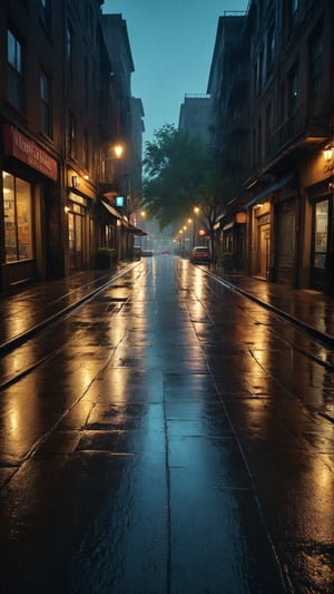 HDR A dramatic, cinematic view of a rainy street, enhanced by movie-style lighting and color grading, with deep shadows and highlighted textures.