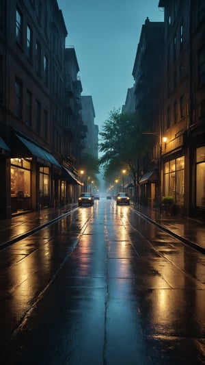 HDR A dramatic, cinematic view of a rainy street, enhanced by movie-style lighting and color grading, with deep shadows and highlighted textures.