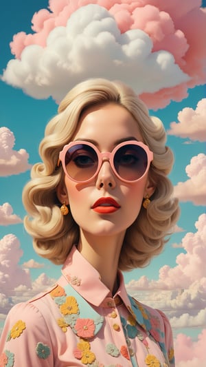 Wes Anderson pop surreal portrait of woman , retro sunglasses, storybook like narrative elements, elaborately detailed  cloud  background, elegantly dressed in a quirky  retro fashion, whimsical and quirky elements, pastel colors with the occasional pop of bright color