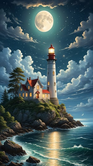 A captivating night scene illustration featuring an ancient lighthouse standing tall on a rocky island. The lighthouse, adorned with multiple windows, emits a warm glow, highlighting its intricate architecture and rich history. The rocky island is covered in lush green trees, reflecting on the calm, moonlit sea waters that mirror the silvery moonlight. The full moon graces the sky, casting an ethereal glow on the clouds and sea, while wispy clouds partially obscure its brilliance, adding to the scene's mystique. Twinkling stars dot the sky, creating a celestial tapestry that harmonizes with the moon's radiance. This enchanting artwork captures a serene and peaceful night, where the illuminated lighthouse stands resolute amidst the celestial beauty, creating a cinematic experience., illustration, cinematic