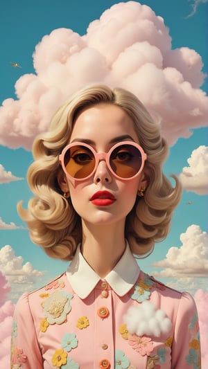 Wes Anderson pop surreal portrait of woman , retro sunglasses, storybook like narrative elements, elaborately detailed  cloud  background, elegantly dressed in a quirky  retro fashion, whimsical and quirky elements, pastel colors with the occasional pop of bright color