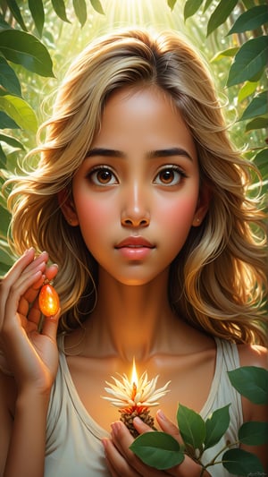 A shimmering capsule of Ashwagandha rests in the delicate palm of a young girl, the light catching every intricate detail of the medicinal herb. With a serene expression, she gazes at the capsule, symbolizing hope and healing. This mesmerizing image, perhaps a stunning painting, captures the essence of natural medicine and the beauty of holistic healing. The vibrant colors and exquisite craftsmanship make this image a true masterpiece, evoking a sense of tranquility and wellness.