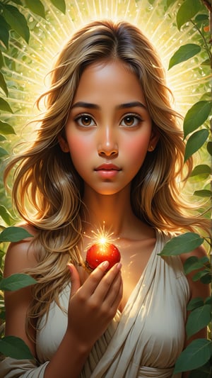 A shimmering capsule of Ashwagandha rests in the delicate palm of a young girl, the light catching every intricate detail of the medicinal herb. With a serene expression, she gazes at the capsule, symbolizing hope and healing. This mesmerizing image, perhaps a stunning painting, captures the essence of natural medicine and the beauty of holistic healing. The vibrant colors and exquisite craftsmanship make this image a true masterpiece, evoking a sense of tranquility and wellness.