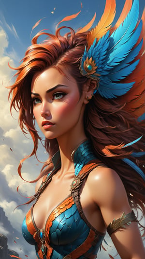 A striking low fantasy heroine with sleek hawk wings sprouting from her back, exuding an aura of both strength and mystery. This detailed painting captures her in mid-flight, with the wind tousling her hair and feathers as she gazes intently ahead. The vivid colors and intricate textures showcase every feather and muscle with stunning realism. The overall composition and lighting enhance the ethereal quality of the scene, making it a truly captivating depiction of a unique and powerful character.