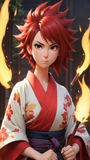 Red spiky hair, gentle face, kimono, female, Anime Protagonist, anime, shogun, hopeful, naive, fire, pure of heart, Tomboy, serious, battle pose, slender, attractive, goofy.