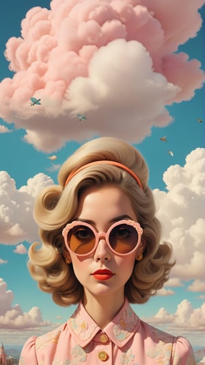 Wes Anderson pop surreal portrait of woman , retro sunglasses, storybook like narrative elements, elaborately detailed  cloud  background, elegantly dressed in a quirky  retro fashion, whimsical and quirky elements, pastel colors with the occasional pop of bright color