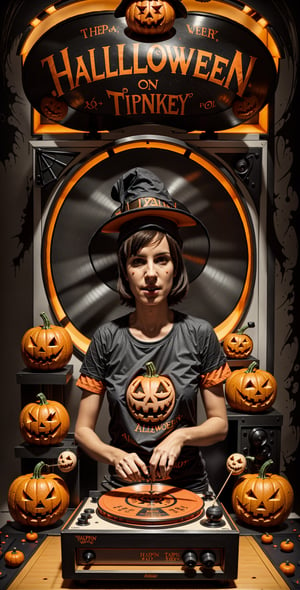 A two-tone retro t-shirt, featuring a jack-o-lantern playing a record turntable, and a host of ghastly ghosts, witches, and monsters, with a title Halloween Party on black background.