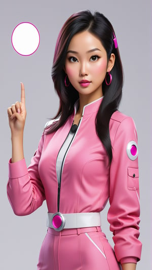 Generate an Asian AI avatar with her hold up her left hand with her index finger pointing to a white circle just above her pointed index finger. The clothes she wear should be futuristic with fuschia pink, white and black colors. Make sure the face is same in all pictures 