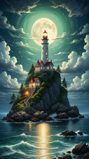 A captivating night scene illustration featuring an ancient lighthouse standing tall on a rocky island. The lighthouse, adorned with multiple windows, emits a warm glow, highlighting its intricate architecture and rich history. The rocky island is covered in lush green trees, reflecting on the calm, moonlit sea waters that mirror the silvery moonlight. The full moon graces the sky, casting an ethereal glow on the clouds and sea, while wispy clouds partially obscure its brilliance, adding to the scene's mystique. Twinkling stars dot the sky, creating a celestial tapestry that harmonizes with the moon's radiance. This enchanting artwork captures a serene and peaceful night, where the illuminated lighthouse stands resolute amidst the celestial beauty, creating a cinematic experience., illustration, cinematic