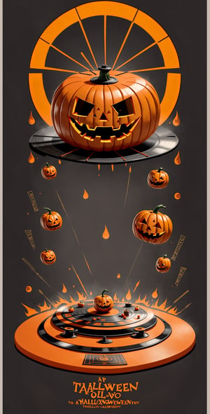 A two-tone retro t-shirt, featuring a jack-o-lantern playing a record turntable, and a host of ghastly ghosts, witches, and monsters, with a title Halloween Party on black background.