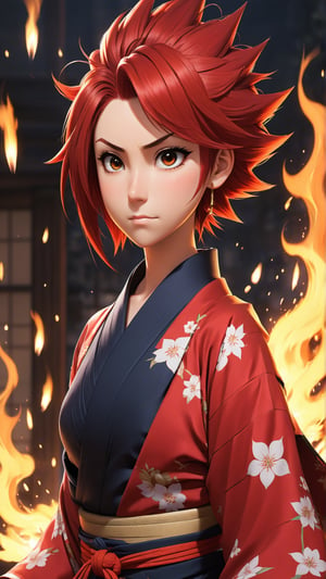 Red spiky hair, gentle face, kimono, female, Anime Protagonist, anime, shogun, hopeful, naive, fire, pure of heart, Tomboy, serious, battle pose, slender, attractive, goofy.