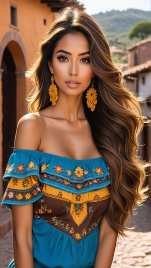 Mexican femenine model, sun makeup, with brown eyes, chocolate balayage and long hair,  long and oval face, brown Yellow skin, indigenous roots, moka long hair, in San Miguel de Allende,  blue marine off shoulder top, 