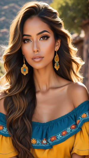 Mexican femenine model, sun makeup, with brown eyes, chocolate balayage and long hair,  long and oval face, brown Yellow skin, indigenous roots, moka long hair, in San Miguel de Allende,  blue marine off shoulder top, 