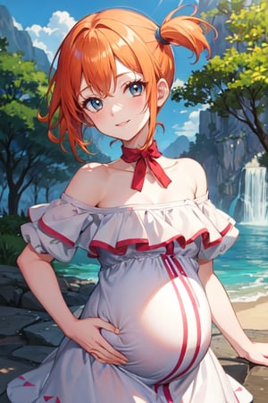 misty pokemon, orange hair,  1girl, small breasts, solo, looking at viewer, short hair,outdoors ,smile,Whimsical tiered ruffle dress with an off-the-shoulder neckline, pregnancy, pregnant, pregnant_belly, very_pregnant