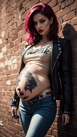 photorealistic, analog, realism, She’s a rebellious and fierce punk rockstar with piercing green eyes, bold eyeliner, and smoky eyeshadow, red lips exuding attitude, and a collection of punk-inspired piercings. pregnancy, pregnant, pregnant_belly, very_pregnant, Her neon-colored, tousled hair frames her confident and defiant expression, while her lean and fit body showcases an array of tattoos and inked artwork, with toned arms and legs. Her punk attitude shines through her assertive and commanding posture, with an urban background of graffiti-covered brick walls, illuminated by neon lights and engulfed in a haze of smoke. Her clothing embodies the punk aesthetic, featuring a leather jacket adorned with studs, torn fishnet stockings, a graphic band t-shirt, skin-tight black jeans, and studded boots, all combining to create a unique and expressive style that defines her as a punk rockstar.