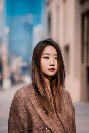 centered, award winning face portrait, (detailed face), hyperealistic shadows, (looking at viewer), | woman, dahyun, | blurred background, bokeh, depth of field, | city, urban, outdoors, city scenery,