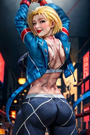 cammy_white , cammy sf6,1girl ,solo , blonde hair , blue eyes, short hair, sports bra , blue jacket , yoga pant, looking at viewer, arms behind back, blush , smile , happy , red lipstick, reading book, street fighting sign, fighting ring arena background