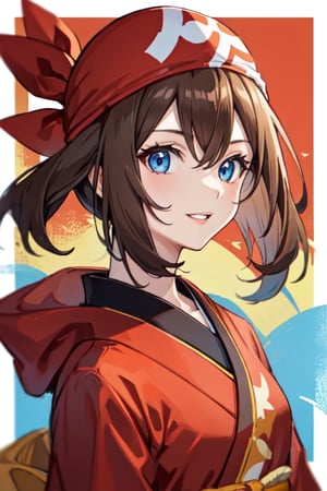 may pokemon, 1girl,solo, medium hair, brown hair, blue eyes, smile, happy , parted lips , portrait, red shirt, red bandana, wears red kimono, japanese background