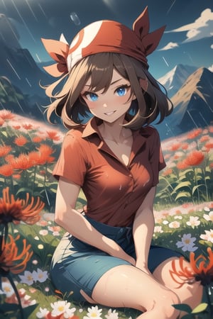 may pokemon, 1girl, solo, medium hair, brown hair, blue eyes, smile, happy , parted lips , portrait, red shirt, red bandana, portrait, medium shot, flowers, (sitting in the flower field:1.4), soft, cozy, ,Spider Lily, mountains, Rain, Color Booster,Sexy Women