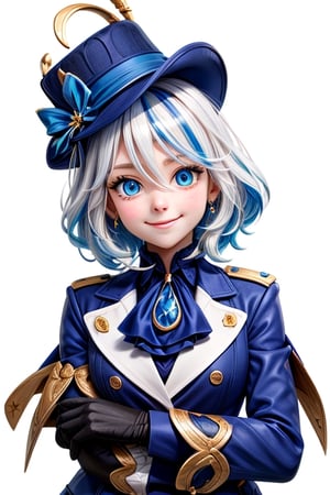 furina, 1girl, solo, looking at viewer, blush, smile, short hair, blue eyes, simple background, gloves, long sleeves, hat, white background, hair between eyes, jewelry, closed mouth, blue hair, jacket, ahoge, white hair, black gloves, streaked hair, ascot, :3, brooch, blue headwear, blue gloves,white hair