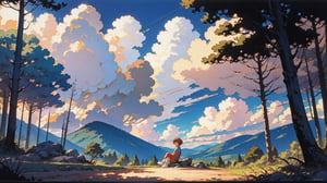 1990s anime style , retro , old look , grainy , a mature female with short hair , sitting , beautiful forrest landscape , abstract clouds , warm color tone,Retro