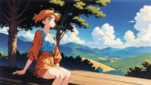 1990s anime style , retro , old look , grainy , a mature female with short hair , sitting , beautiful forrest landscape , abstract clouds , warm color tone,Retro