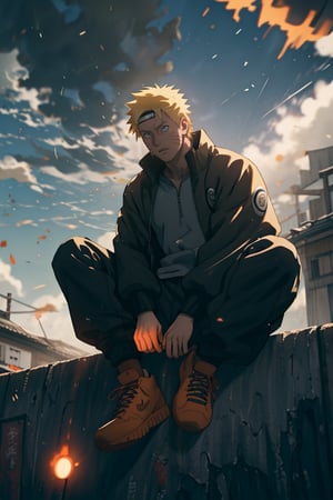 1boy , uzumaki naruto , naruto (series) , wearing nike jordans , sitting on road
 
 , abstract clouds

, masterpiece, best quality, very aesthetic, absurdres ,glowingdust