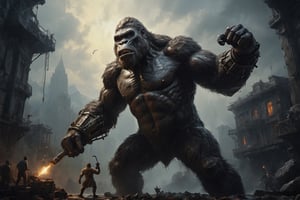 wide angle shot , king kong with mechanical arm ready to fight, cinematic lighting,oil painting,GLOWING