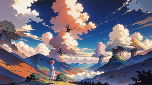 1990s anime style , retro , old look , grainy , a mature female with short hair , standing far away , beautiful forrest landscape , abstract clouds , warm color tone,Retro